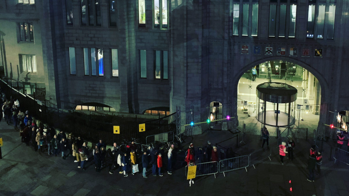 Crowds queuing outside Marischal College Aberdeen